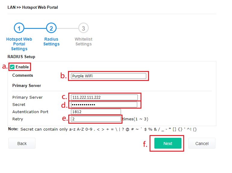 a screenshot of Radius Settings page